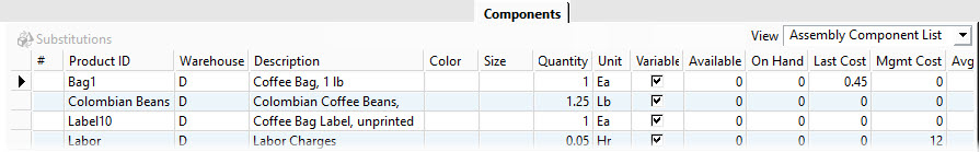 Bill of Materials (BOM) Tab in Acctivate for component