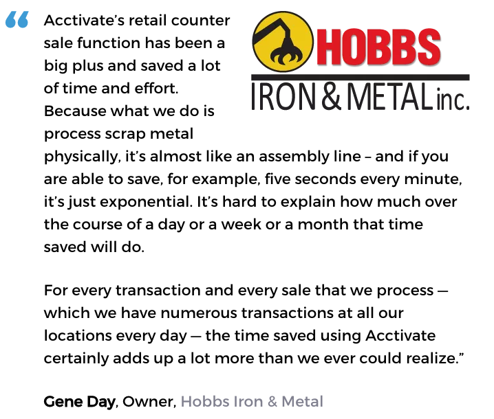 Acctivate inventory and retail counter software user, Hobbs Iron & Metal