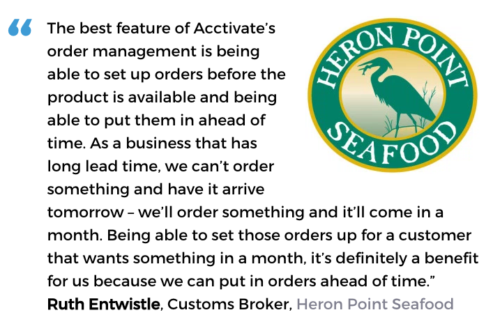 Acctivate inventory and sales order management software user, Heron Point Seafood